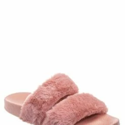 Bamboo Liv04 Faux Fur Footbed Slides - Cozy Double Strap Furry Contour Slide In Sandals