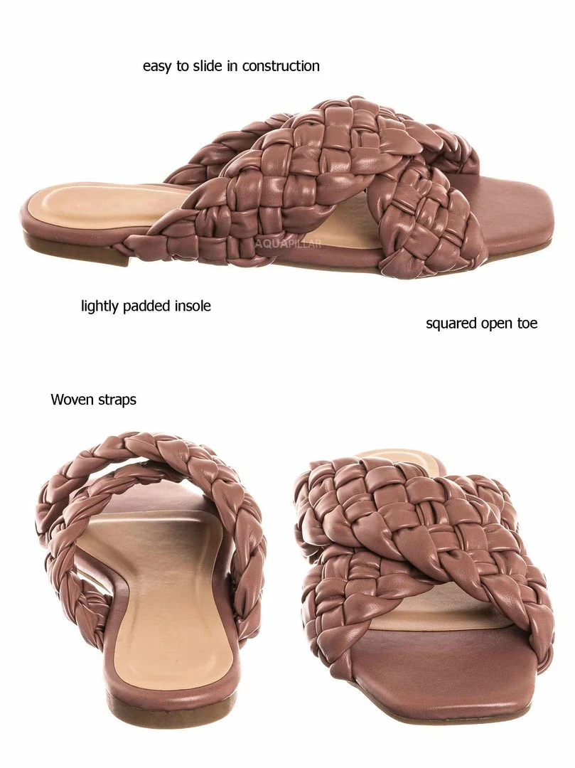 Bamboo Kick61 Thick Braided Woven Slides - Womens Open Squared Toe Slip On Mule Slipper New