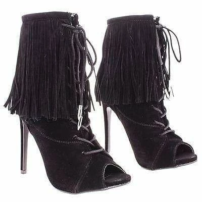 Shoe Republic New Pompeo Boho Peep Toe Fringe Ankle Boots W/ Corset Lace Up High Heel Shoes
