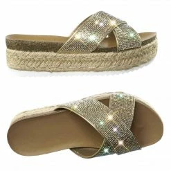 Soda Delta Rhinestone Crystal Slipper Sandal W Espadrille, Cork Footbed & Shark Tooth