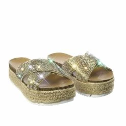 Soda Delta Rhinestone Crystal Slipper Sandal W Espadrille, Cork Footbed & Shark Tooth
