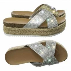 Soda Delta Rhinestone Crystal Slipper Sandal W Espadrille, Cork Footbed & Shark Tooth
