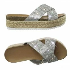 Soda Delta Rhinestone Crystal Slipper Sandal W Espadrille, Cork Footbed & Shark Tooth