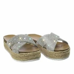 Soda Delta Rhinestone Crystal Slipper Sandal W Espadrille, Cork Footbed & Shark Tooth