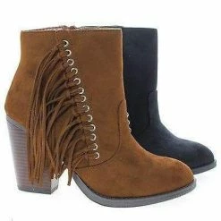 New Dimple By Soda, Ankle Boots W Stacked Block Heel & Side Fringes