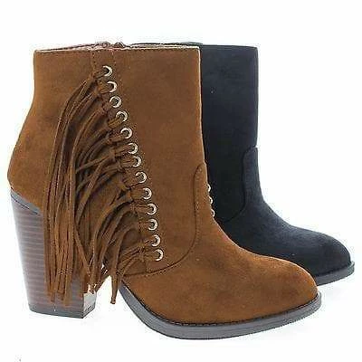 New Dimple By Soda, Ankle Boots W Stacked Block Heel & Side Fringes