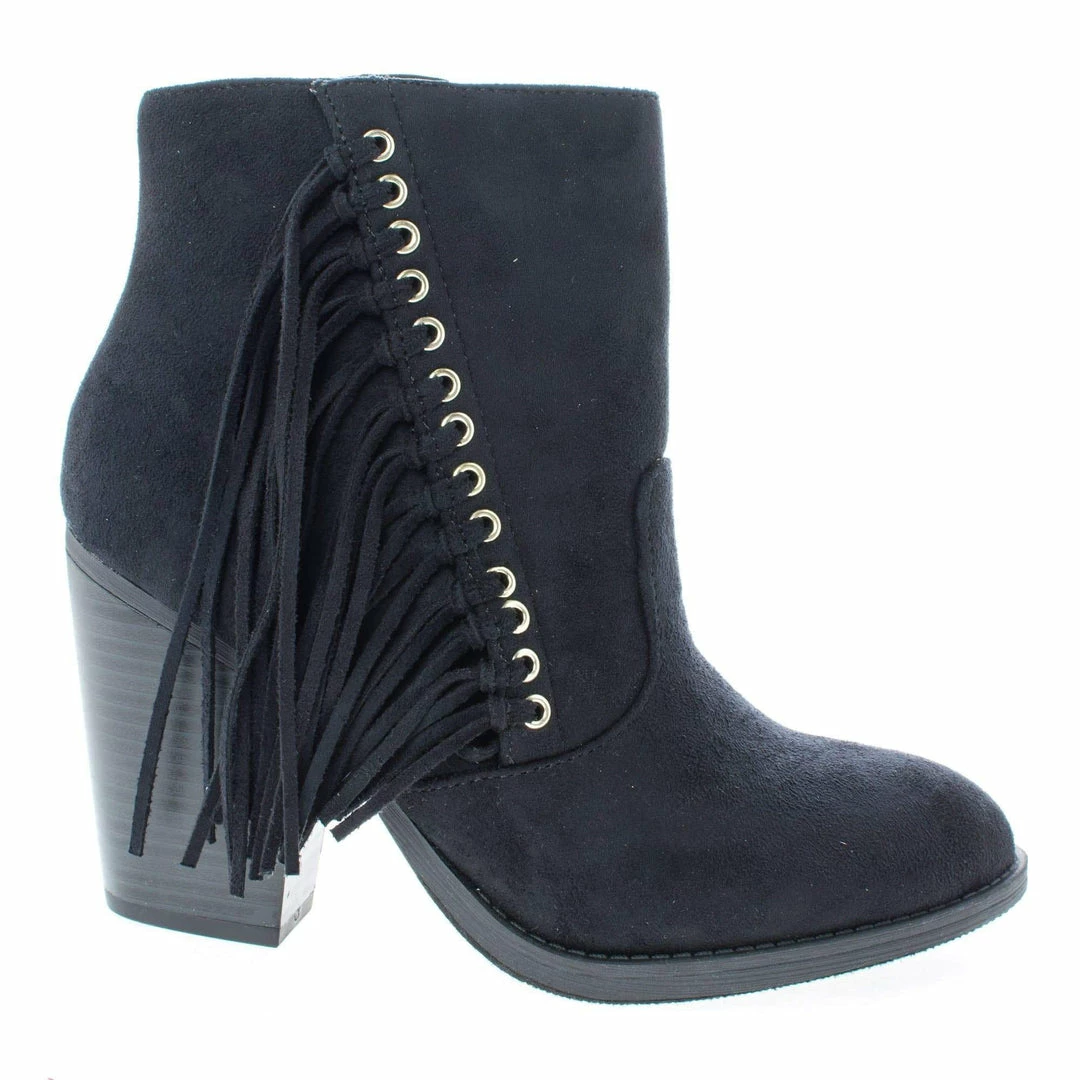 New Dimple By Soda, Ankle Boots W Stacked Block Heel & Side Fringes