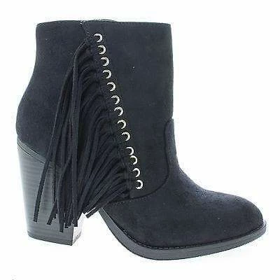 New Dimple By Soda, Ankle Boots W Stacked Block Heel & Side Fringes