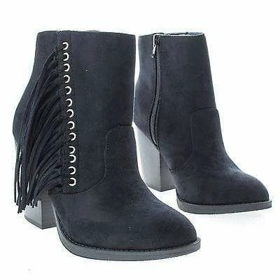 New Dimple By Soda, Ankle Boots W Stacked Block Heel & Side Fringes