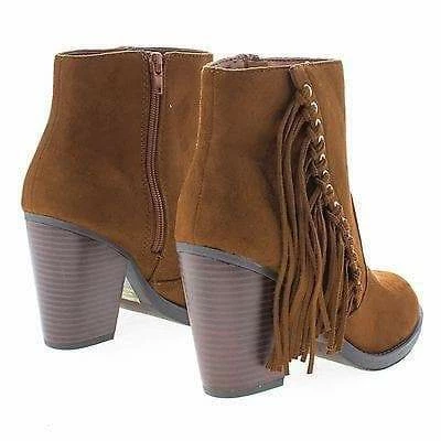 New Dimple By Soda, Ankle Boots W Stacked Block Heel & Side Fringes