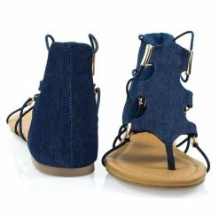Soda New Impact Denim Jean Women Gladiator Open Toe Flat Sandal W Elastic Cord String & Metal Detail