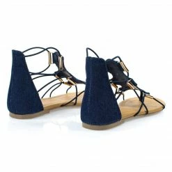 Soda New Impact Denim Jean Women Gladiator Open Toe Flat Sandal W Elastic Cord String & Metal Detail