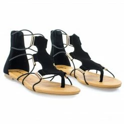 Soda New Impact Denim Jean Women Gladiator Open Toe Flat Sandal W Elastic Cord String & Metal Detail