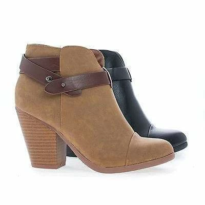 Sugar By Soda, Almond Toe Western Ankle Wrap Stacked Heel Boots