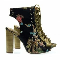 Speed Limit 98 Brobe Oriental Embroidery Feather Stitching Lace Up, Block Heel Bootie Sandal