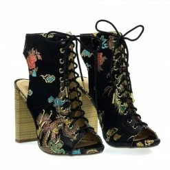 Speed Limit 98 Brobe Oriental Embroidery Feather Stitching Lace Up, Block Heel Bootie Sandal