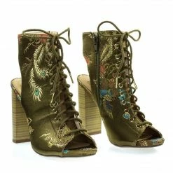 Speed Limit 98 Brobe Oriental Embroidery Feather Stitching Lace Up, Block Heel Bootie Sandal