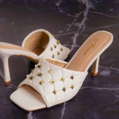 Forever Link Square07 Quilted High Heel Metal Stud Mule, Women Sandal New