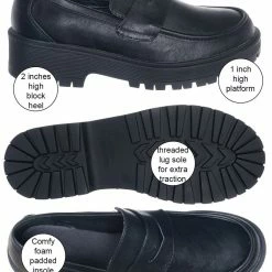 Forever Link New Chief60 Penny Loafers Platform Lug Sole - Vintage Creepers Chunky Work Flat Pumps Shoes Chunky Block Heel