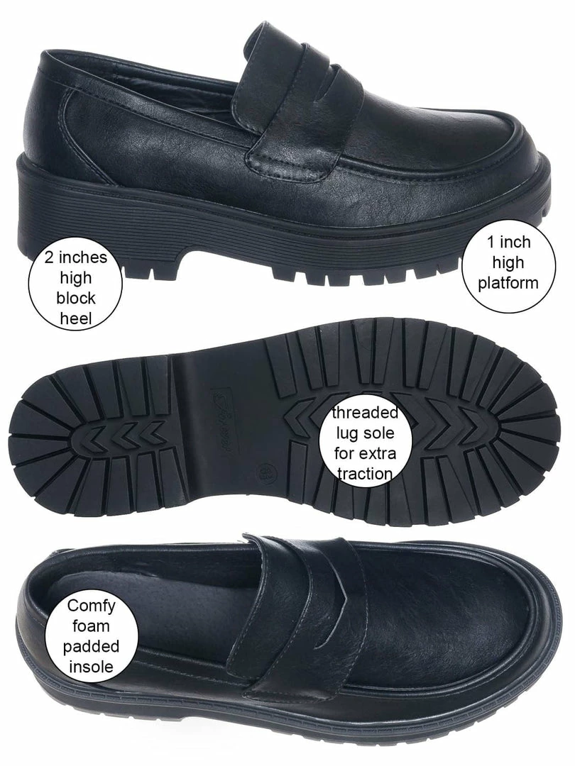 Forever Link New Chief60 Penny Loafers Platform Lug Sole - Vintage Creepers Chunky Work Flat Pumps Shoes Chunky Block Heel