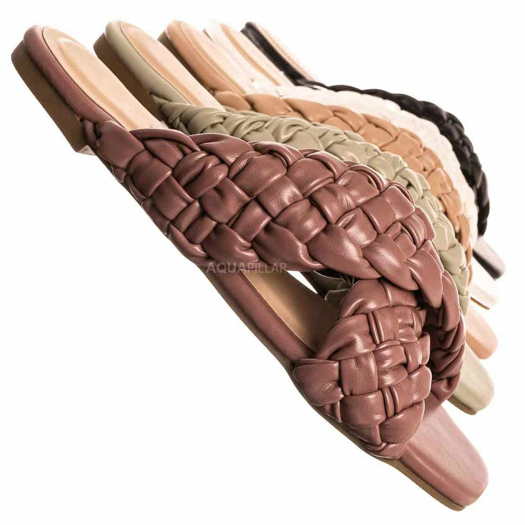 Bamboo Kick61 Thick Braided Woven Slides - Womens Open Squared Toe Slip On Mule Slipper New
