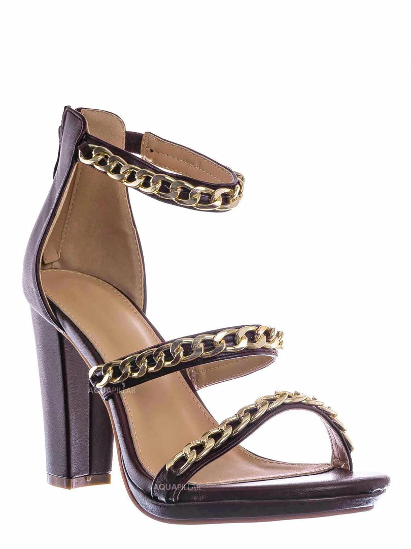 Top Moda Choo28 High Heel Chain Sandal - Womens Block Heel Strappy Open Toe Shoes