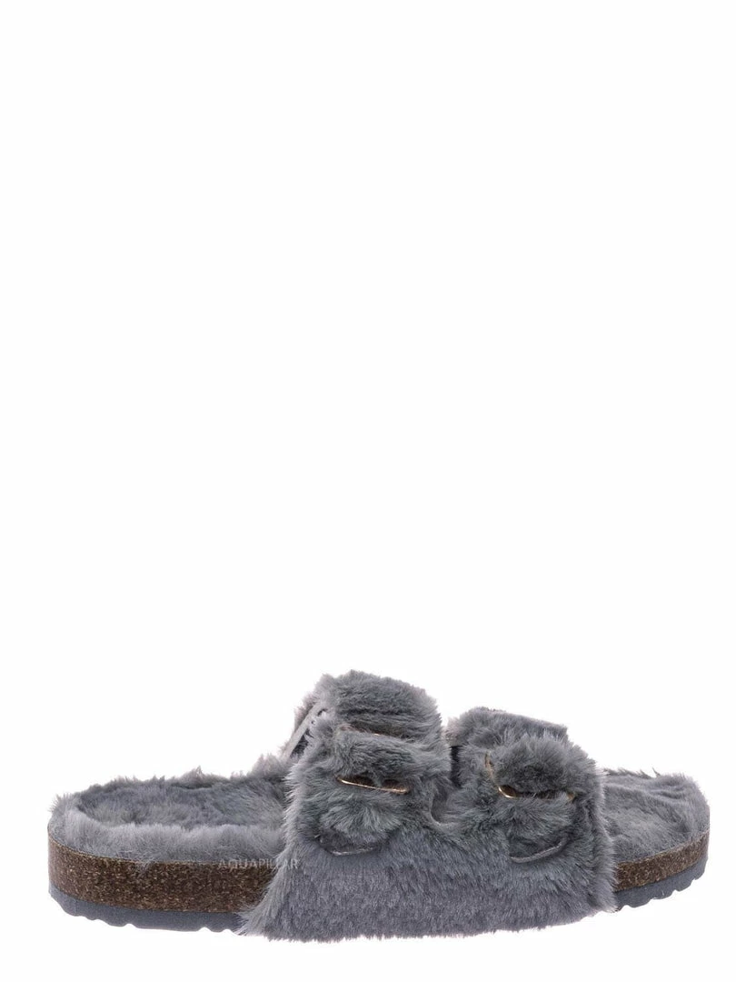 Bamboo New Defeat63 Faux Fur Molded Footbed Slipper - Furry Slide In Cork Slide Sandal