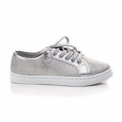 Hope1 By Top Moda, Glitter Mesh Fabric Round Toe Lace Up Fashion Flat Sneakers