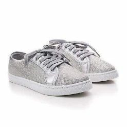Hope1 By Top Moda, Glitter Mesh Fabric Round Toe Lace Up Fashion Flat Sneakers