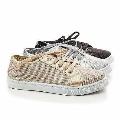 Hope1 By Top Moda, Glitter Mesh Fabric Round Toe Lace Up Fashion Flat Sneakers