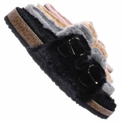 Bamboo New Defeat63 Faux Fur Molded Footbed Slipper - Furry Slide In Cork Slide Sandal