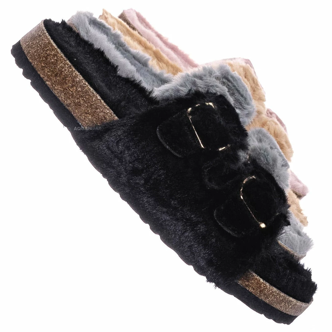 Bamboo New Defeat63 Faux Fur Molded Footbed Slipper - Furry Slide In Cork Slide Sandal