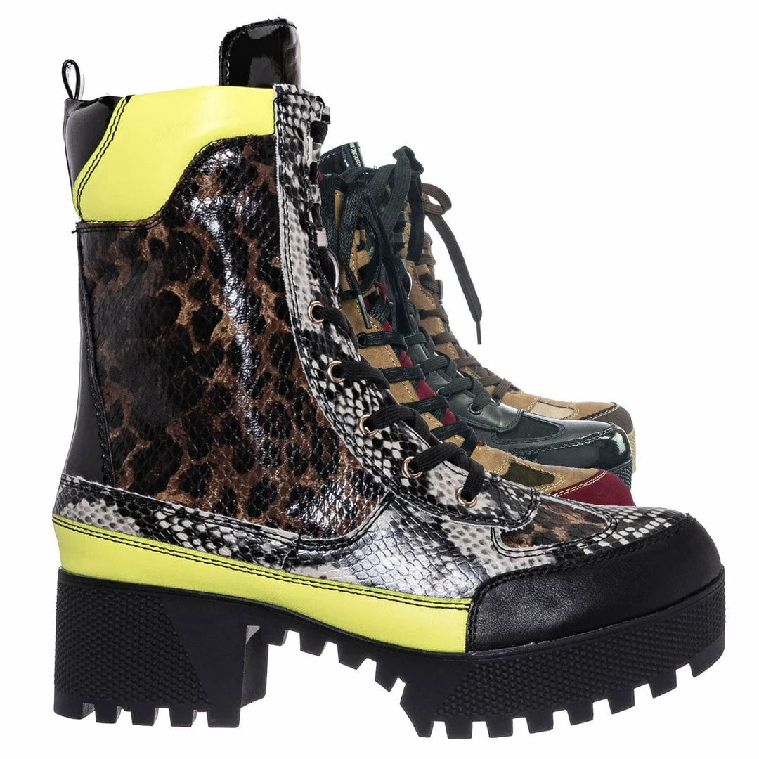 Bamboo Powerful06 Faux Fur Lninig Combat Boots - Military Lug Sole Color Block Shoes New