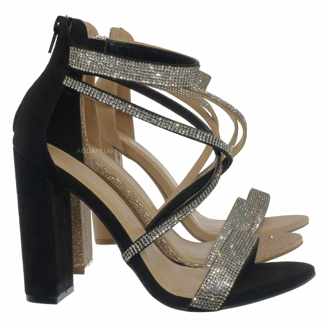Wild Diva Morrina14 Rhinestone Block Heel Sandal - Women Crystal Dance Shoes