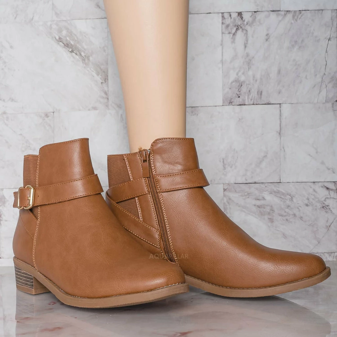 Top Moda Alana1 Elastic Chelsea Belted Ankle Bootie, Moto Block Heel Cowboy Biker Boot