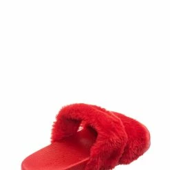 Bamboo Liv04 Faux Fur Footbed Slides - Cozy Double Strap Furry Contour Slide In Sandals