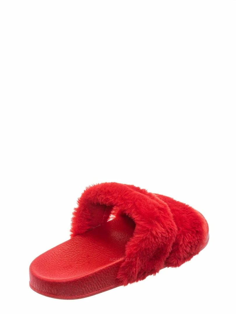 Bamboo Liv04 Faux Fur Footbed Slides - Cozy Double Strap Furry Contour Slide In Sandals