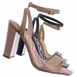 Top Moda New Pita48 Matelassé Quilted Chunky Heel Sandal - Women Adjustable Ankle Strap Shoes