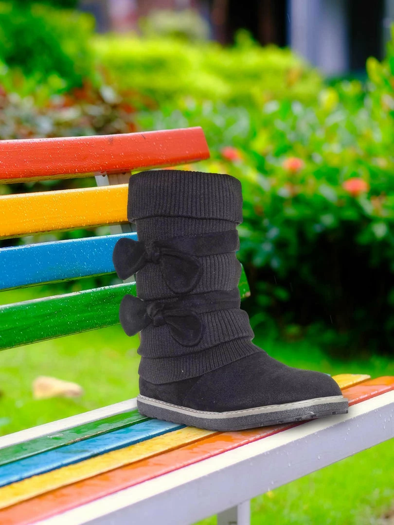Bamboo Warm59K Kids Faux Fur Lined Knit Boots W Bow - Little Girls Calf Height Shaft New