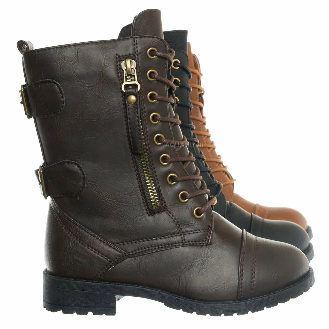 Forever Link Mountain81K Childrens Zip Up Combat Boots - Boy Girl Calf High Shoes