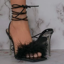 Wild Diva New Bonia04 Leg Wrap Fluffy Feather Sandal - Women Lace Up Heel S