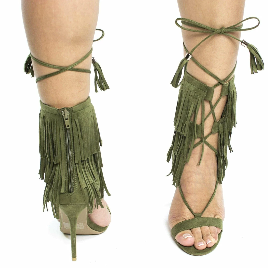 Adele221 By Wild Diva, Open Toe Layered Fringe Corset Tassel Lace Up Stiletto Heels New