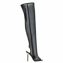 Wild Diva New Adele403 Over Knee See Through Fishnet Mesh Boots, Metallic High Heel & Peep Toe