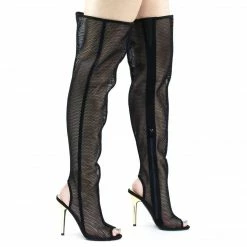 Wild Diva New Adele403 Over Knee See Through Fishnet Mesh Boots, Metallic High Heel & Peep Toe