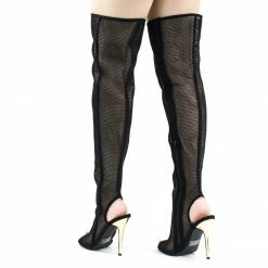 Wild Diva New Adele403 Over Knee See Through Fishnet Mesh Boots, Metallic High Heel & Peep Toe