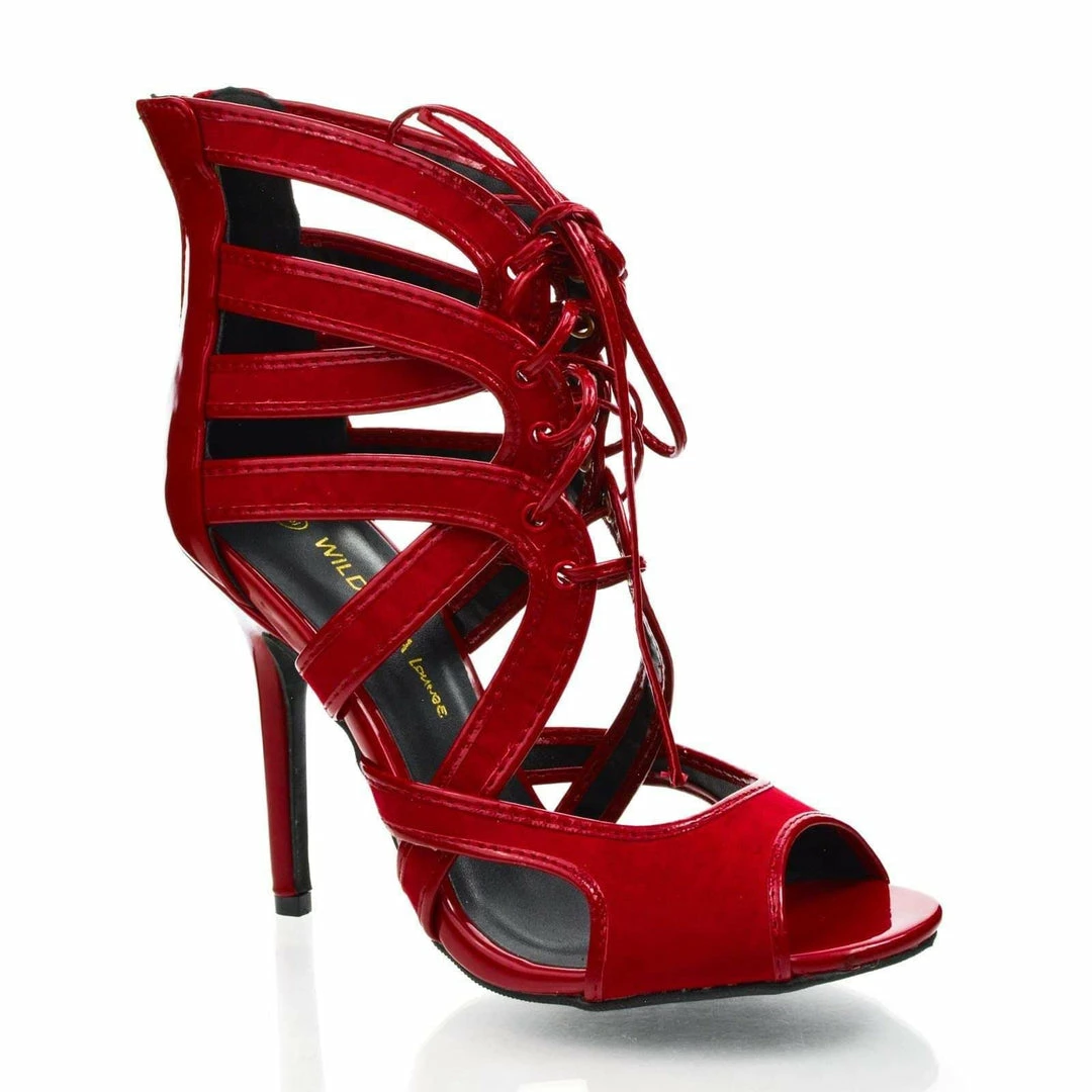 Adele64 By Wild Diva, Peep Toe Patent Contrast Cut Out Strappy Lace Up Stiletto Heels