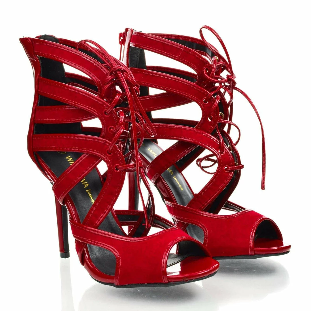 Adele64 By Wild Diva, Peep Toe Patent Contrast Cut Out Strappy Lace Up Stiletto Heels