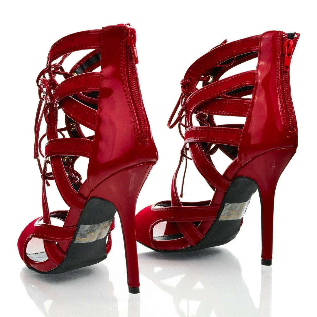 Adele64 By Wild Diva, Peep Toe Patent Contrast Cut Out Strappy Lace Up Stiletto Heels