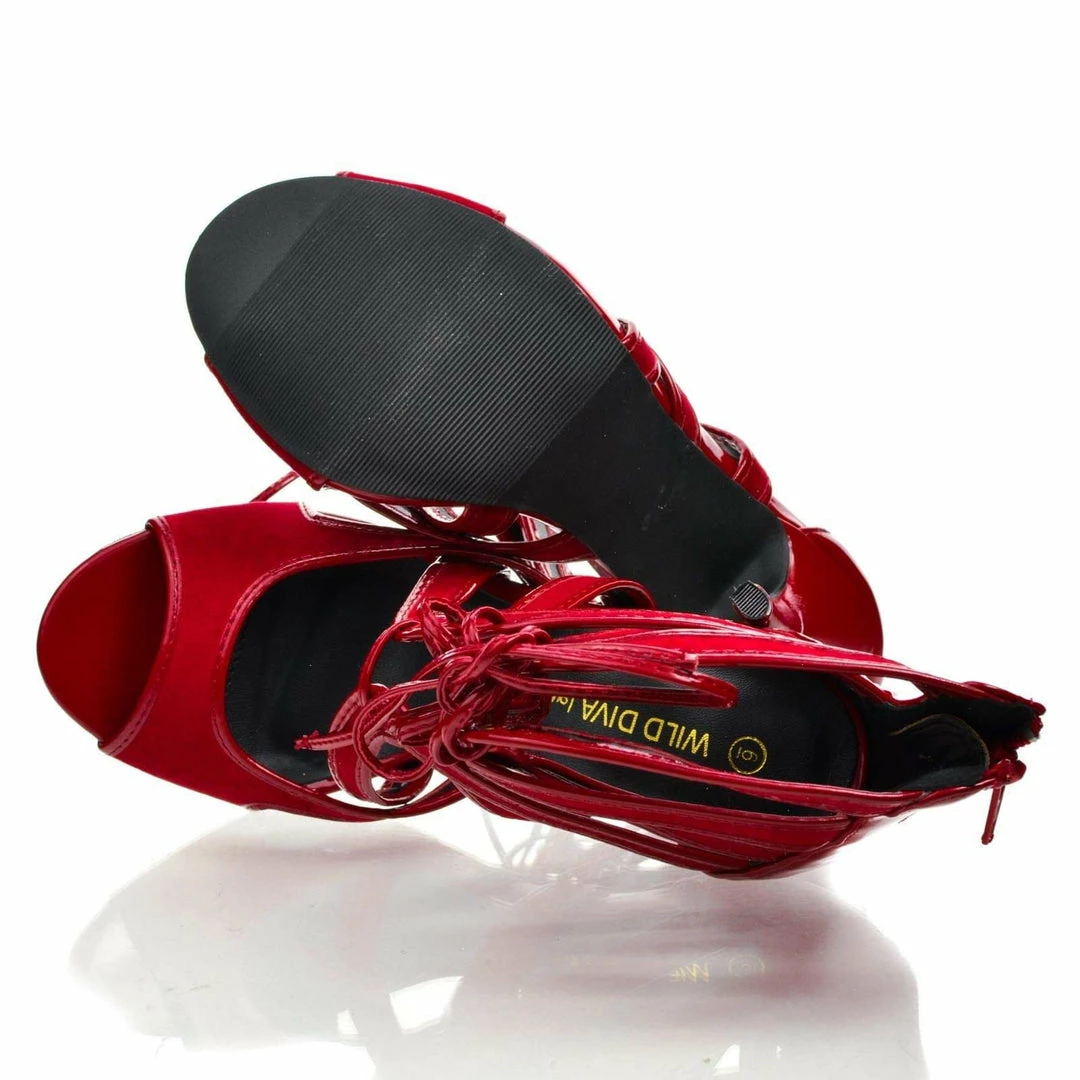 Adele64 By Wild Diva, Peep Toe Patent Contrast Cut Out Strappy Lace Up Stiletto Heels