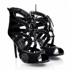 Adele64 By Wild Diva, Peep Toe Patent Contrast Cut Out Strappy Lace Up Stiletto Heels